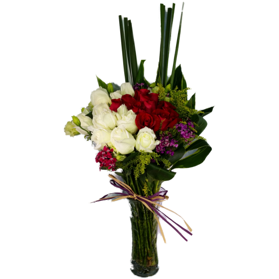 Red and White Roses arrange in a clear Glass Vase